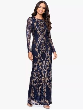 Navy and Gold Long Sleeve Sequin Evening Dress